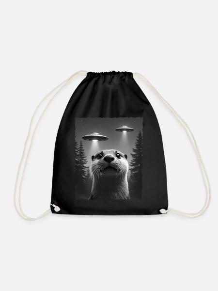 Funny Otter UFO encounter selfie - Drawstring Bag - black