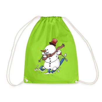 Fröhlicher Schneemann auf Skiern mit roter Mütze. - Turnbeutel - Neongrün - Vorne