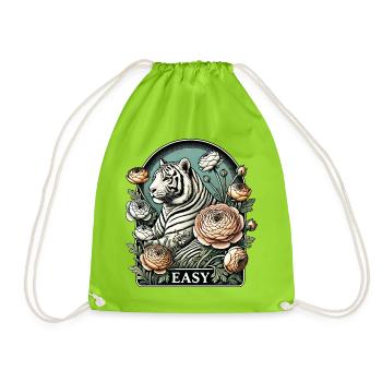 Elegant White Tiger with Floral Accents - Drawstring Bag - neon green - Front