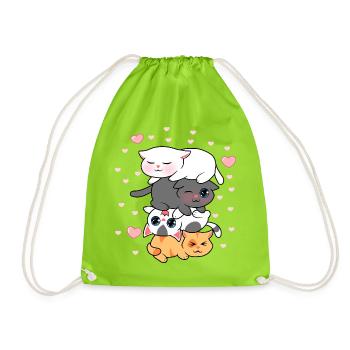 Four Kawaii Kittens Stack Cute Cats Illustration - Drawstring Bag - neon green - Front