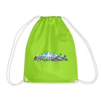 Alpine winter village with gondolas - Drawstring Bag - neon green - Front