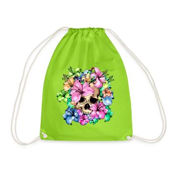 Skull surrounded by lilies Skull and flowers - Drawstring Bag - neon green - Front