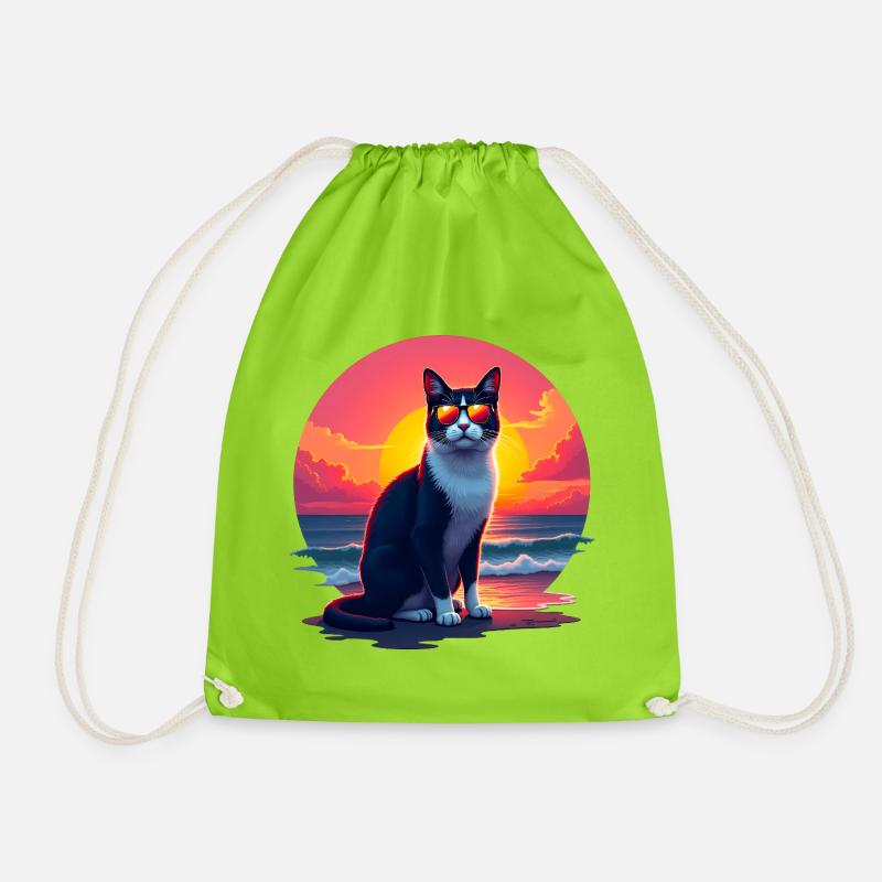 Cat on the beach - Drawstring Bag - neon green