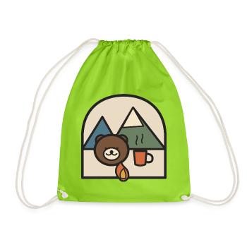 Bear campsite near mountains and coffee - Drawstring Bag - neon green - Front