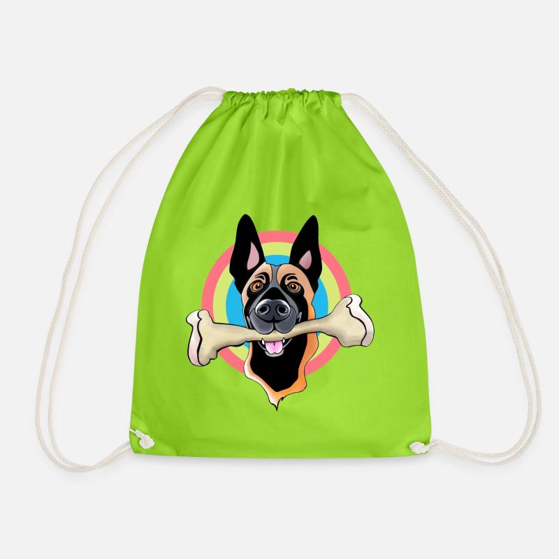 Malinois with bone - Drawstring Bag - neon green