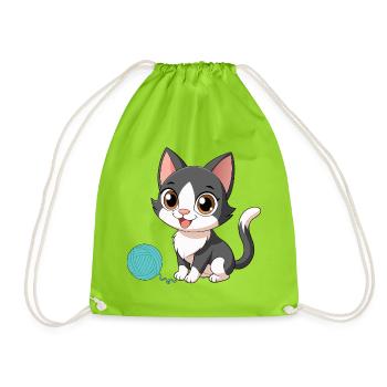Black and White Kawaii Kitten with Pincushion (v02) - Drawstring Bag - neon green - Front