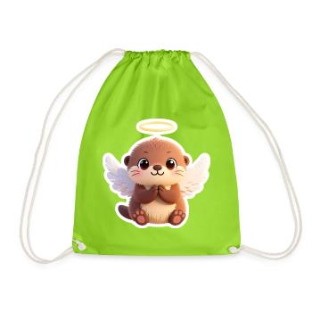 Cute Otter Angel with Wings and Halo - Drawstring Bag - neon green - Front