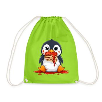 Cute penguin with lasagna cartoon eating fun - Drawstring Bag - neon green - Front