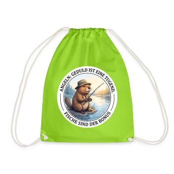 Angeln Geduld Petrijünger Biber Angler T-Shirt - Turnbeutel - Neongrün - Vorne