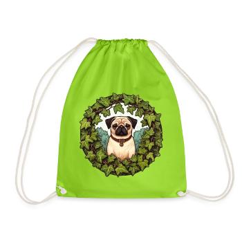 Pug in Ivy Wreath - Drawstring Bag - neon green - Front