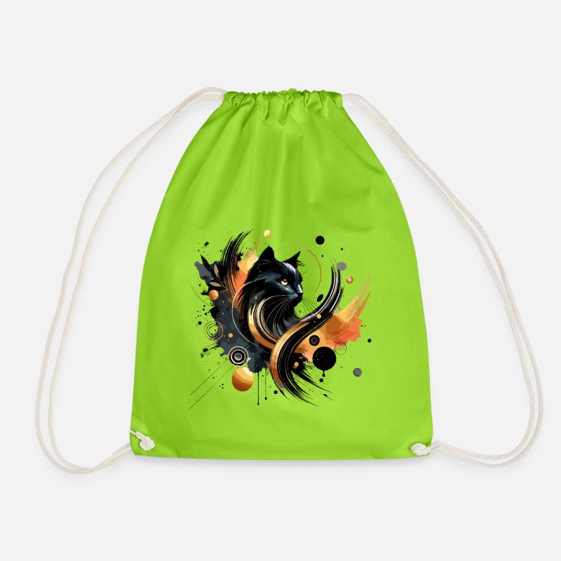 Black Cat, Black Cat Watercolor - Drawstring Bag - neon green