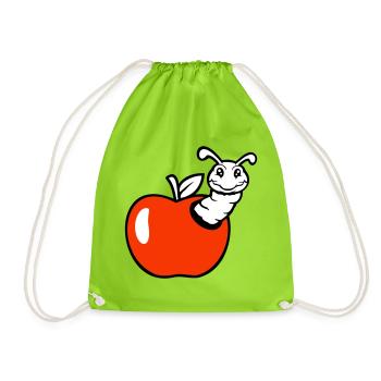 caterpillar apple fruit peeks out hole smiles sweet worm - Drawstring Bag - neon green - Front