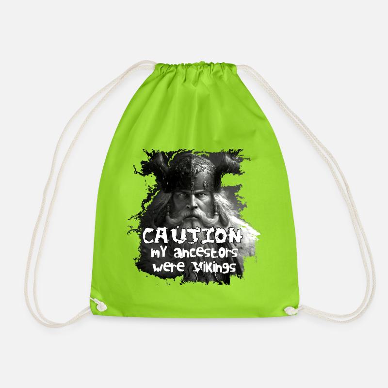 Caution_my_ancestors_were_Vikings - Drawstring Bag - neon green
