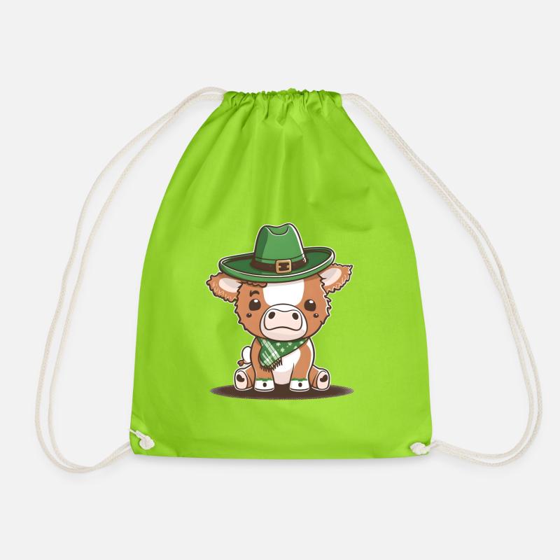 Kawaii cow with scarf St. Patrick's Day - Drawstring Bag - neon green