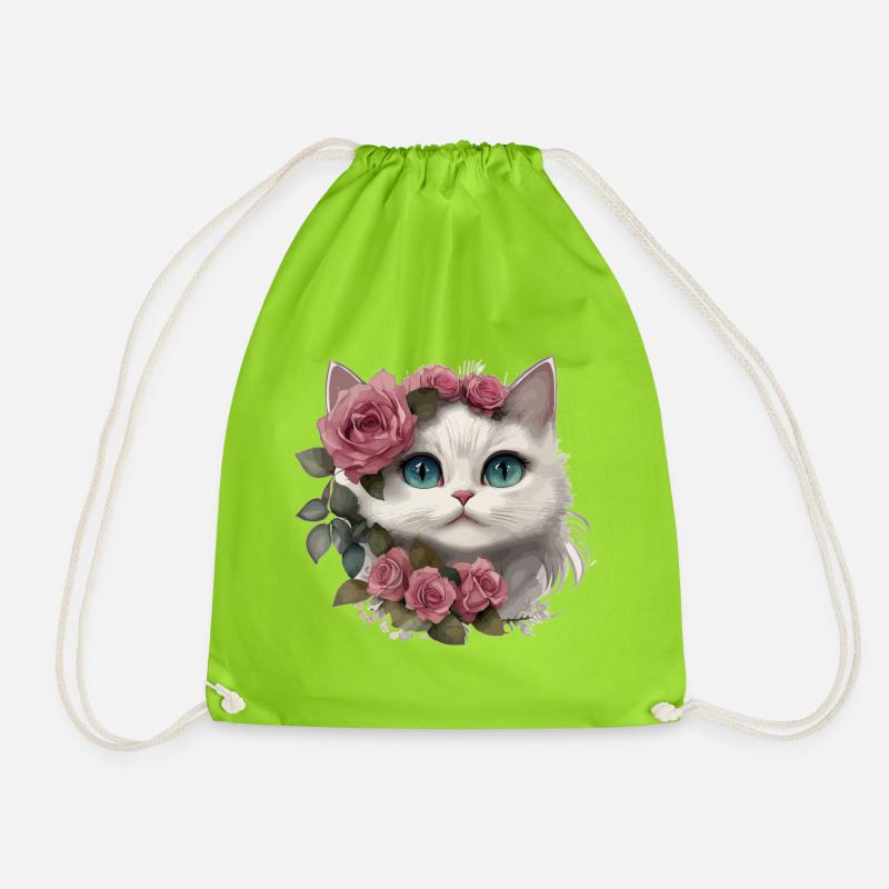 Cute White Cat With Big Eyes - Drawstring Bag - neon green