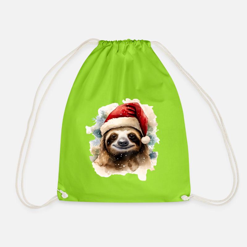 Watercolor Sloth with Santa Hat - Drawstring Bag - neon green