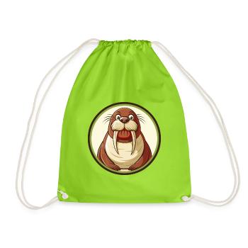Walrus Colorful Kawaii Cartoon Character Clipart - Drawstring Bag - neon green - Front