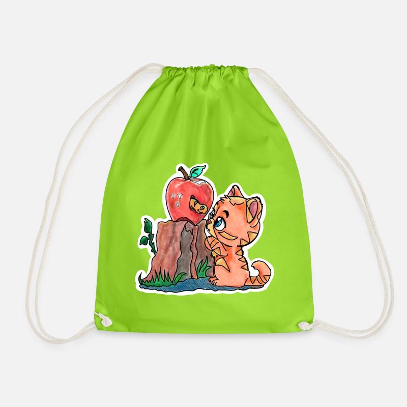 Kleines Kätzchen und der Wurm im Apfel - Turnbeutel - Neongrün
