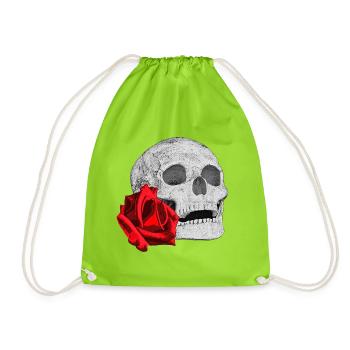 Schädel mit roter Rose - Turnbeutel - Neongrün - Vorne