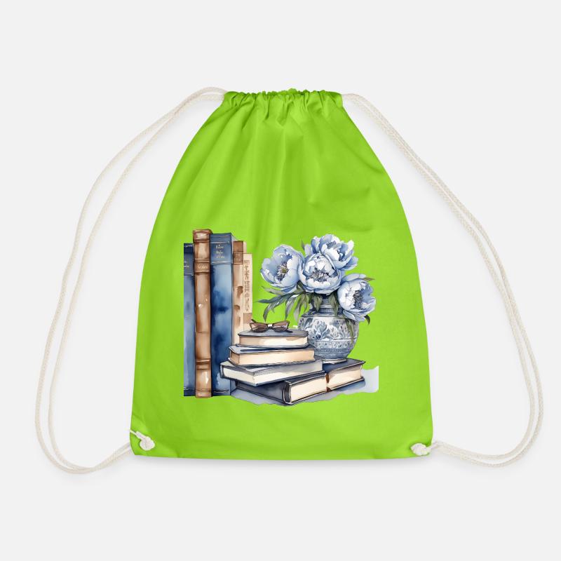 Illustrated classic book and flower arrangement - Drawstring Bag - neon green