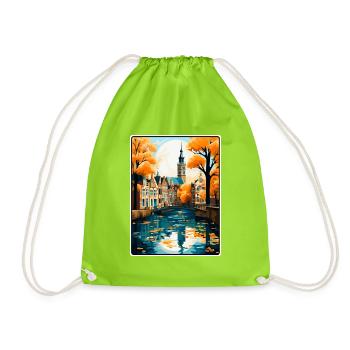 Gouda Netherlands Vintage Travel Poster Cityscape - Drawstring Bag - neon green - Front