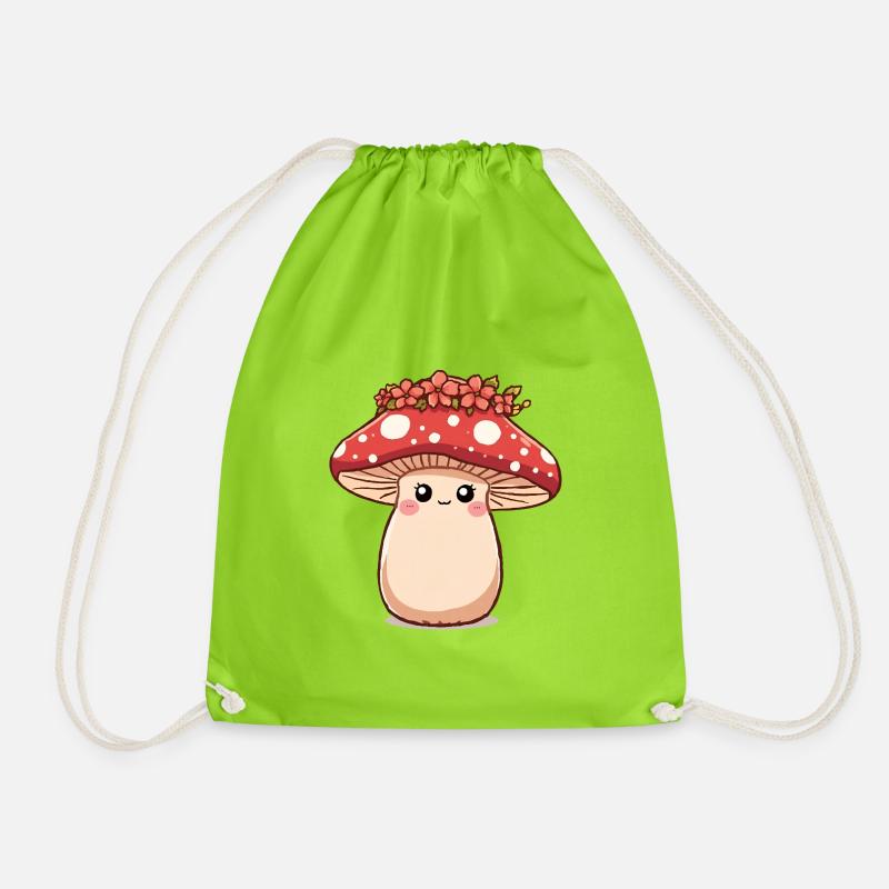Kawaii Mushroom with Flower Crown – Cute Design - Drawstring Bag - neon green