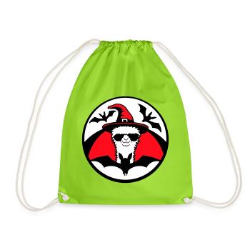 Llama Halloween Witch Hat Bat Cool Alpaca Cute - Drawstring Bag - neon green - Front