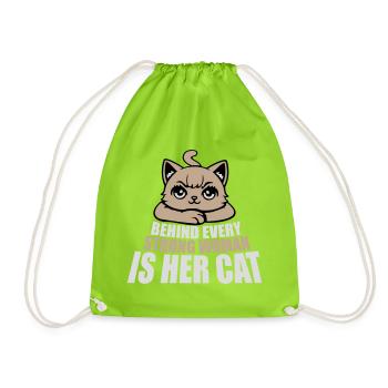 Behind Every Strong Woman Is Her Cat Spruch Katze - Drawstring Bag - neon green - Front