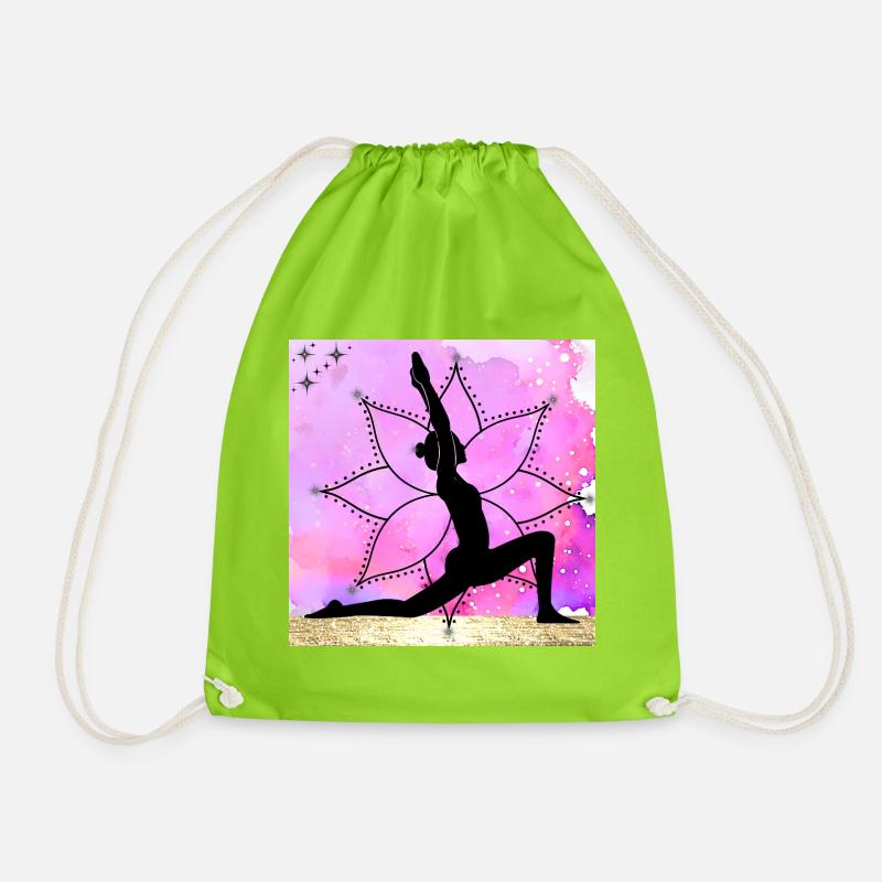 Yoga Silhouette on Mandala - Drawstring Bag - neon green