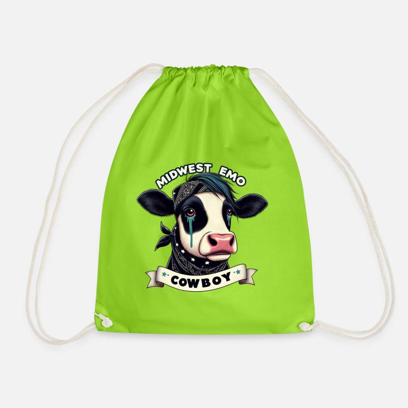 Midwest Emo Cowboy Cow Illustration - Drawstring Bag - neon green
