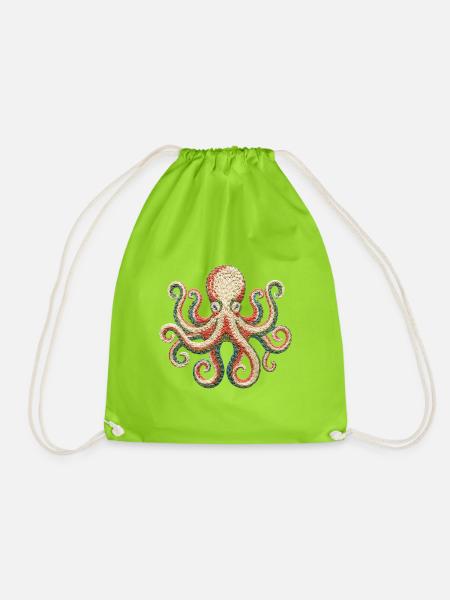 Bestickter Oktopus – auffälliges Meerestier-Design - Turnbeutel - Neongrün