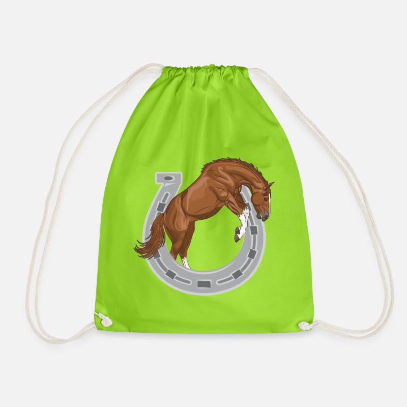 Ein kastanienbraunes Pferd, das durch einen Schuh springt - Turnbeutel - Neongrün