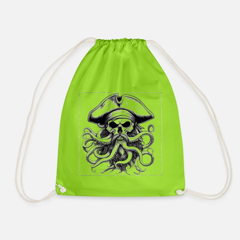 Pirate skull and octopus - Drawstring Bag - neon green