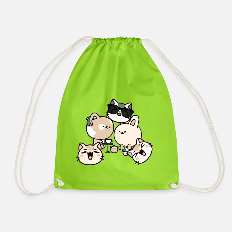 Kawaii Coffee Break: Cat with Hearing Aid - Drawstring Bag - neon green