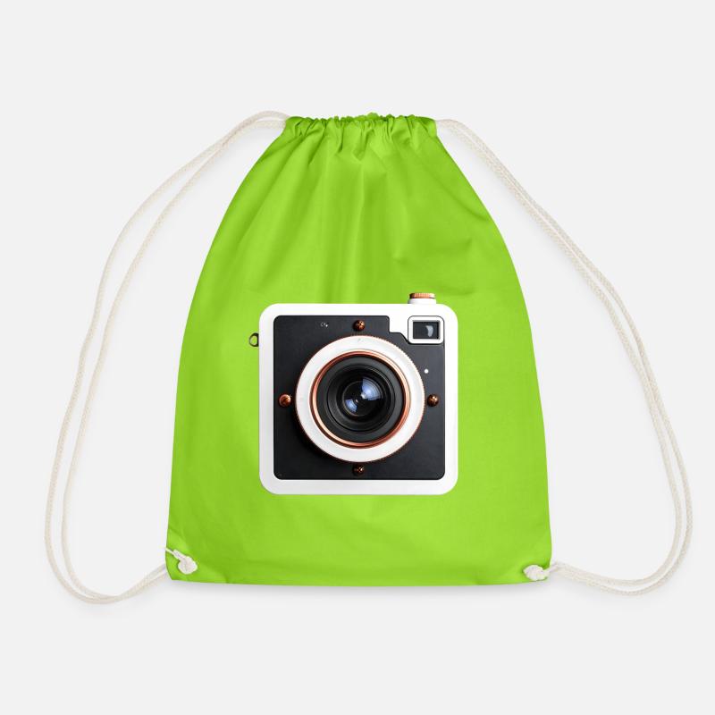 Retro Square Camera Copper Accents - Drawstring Bag - neon green