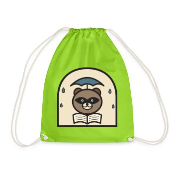 Raccoon reads under rain umbrella - Drawstring Bag - neon green - Front