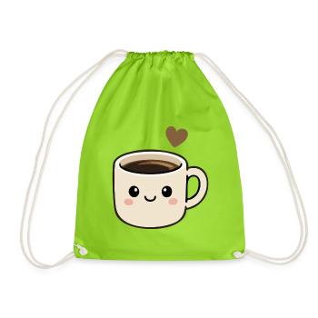 Süße Kawaii-Kaffeetasse mit Herzaufkleber - Turnbeutel - Neongrün - Vorne