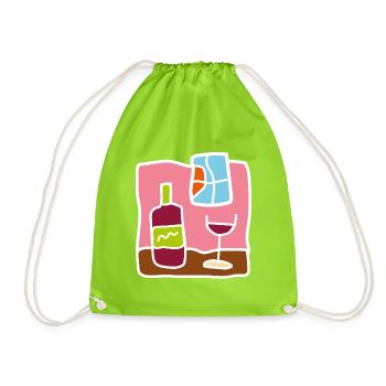 Minimalistischer Rotwein – Flasche und Glas - Turnbeutel - Neongrün - Vorne