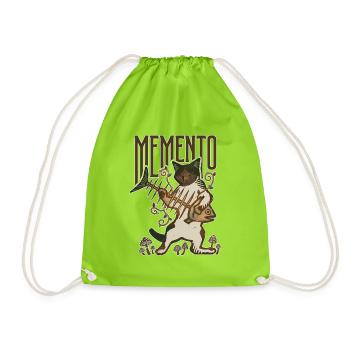Memento Cat Fish Bone Mushroom Funny Vintage Art - Drawstring Bag - neon green - Front