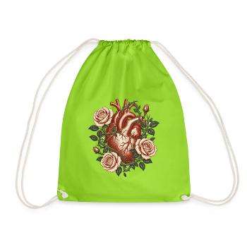 Vintage Anatomical Heart with Roses – Gothic Art - Drawstring Bag - neon green - Front