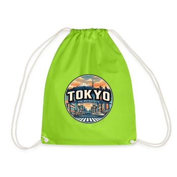 Retro Tokyo Mount Fuji Travel Badge - Drawstring Bag - neon green - Front