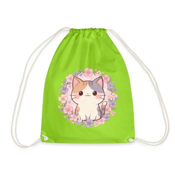Kawaii Cat – Cute Flower Cat - Drawstring Bag - neon green - Front