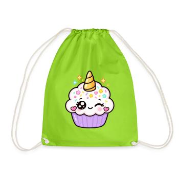 Pastell-Kawaii-Einhorn-Cupcake - Turnbeutel - Neongrün - Vorne