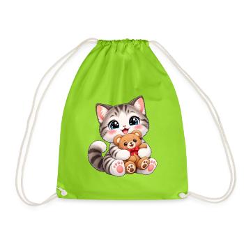 Kawaii-Katze mit Teddybär - Turnbeutel - Neongrün - Vorne