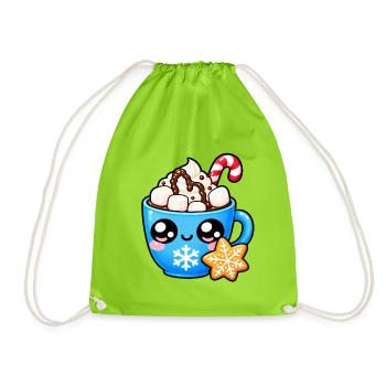 Kawaii Heiße Schokolade und Marshmallows-Tasse - Turnbeutel - Neongrün - Vorne