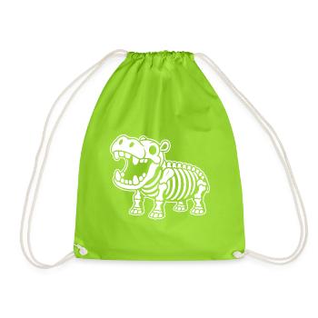 Süßes Skelett Nilpferd Hippo Cartoon Weiß Shirt - Turnbeutel - Neongrün - Vorne