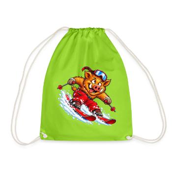 Pistensau - Lustiges skifahrendes Wildschwein - Turnbeutel - Neongrün - Vorne