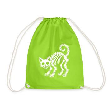 Süßes Skelett Katze Kater Katzen Cartoon Shirt - Turnbeutel - Neongrün - Vorne
