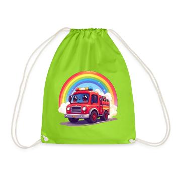 Kawaii Feuerwehr mit Regenbogen und Rauch Shirt - Turnbeutel - Neongrün - Vorne