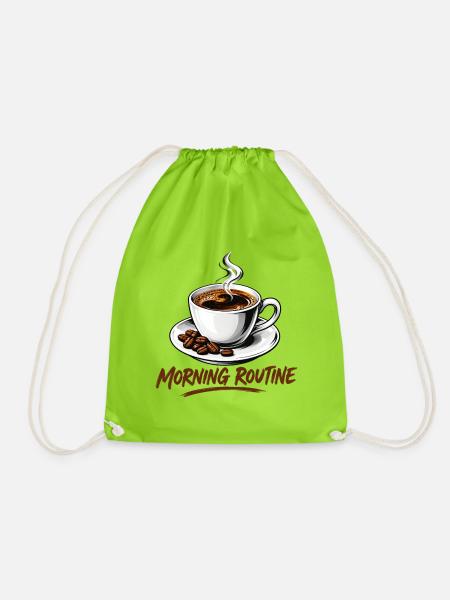 Morgenroutine: Heißer Kaffeebecher - Turnbeutel - Neongrün